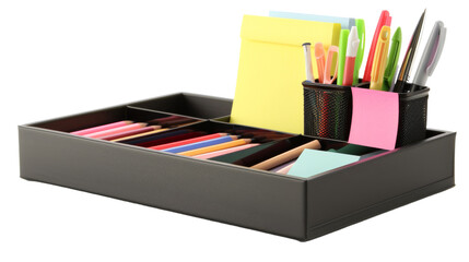 A colorful array of pens, markers, and sticky notes are neatly organized in a desk organizer