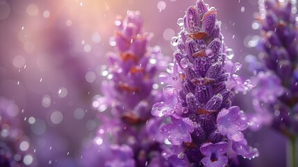 A macro shot of several purplish blossoms with water droplets on their petals against a fuzzy backdrop