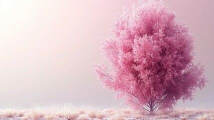  Pink tree in a field, grass in foreground, pink sky in background