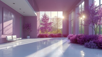  A spacious room boasting many windows and a central bench adorned with purplish flora below