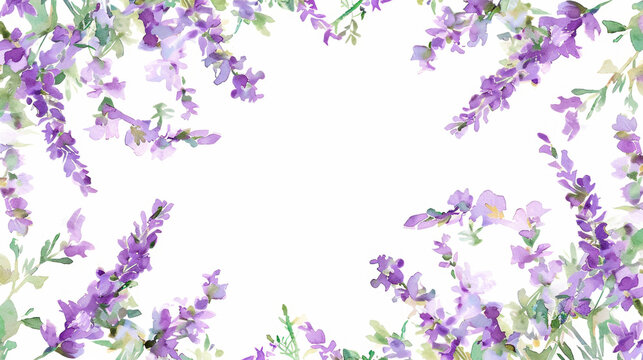 A watercolor painting featuring delicate purple flowers against a clean white backdrop. The flowers are intricately detailed, showcasing shades of lavender and violet, with green Banner. Copy space