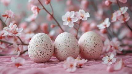 Obraz na płótnie Canvas Three eggs, speckled and sitting together, rest on pink tablecloth Pink flowers and branches surround the scene in the background