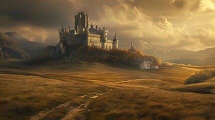 Fantasy illustration castle with field pop up style landscape. AI generated image - obrazy, fototapety, plakaty