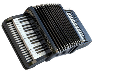 Detailed shot of an accordion against a white backdrop, showcasing intricate keys and bellows