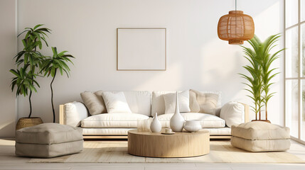 A living room with a white couch, a coffee table, and a potted plant. The room has a clean and minimalist design, with a focus on natural elements like the plant and the wooden coffee table