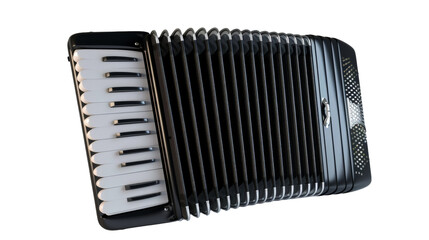 Close up of a black and white accordion showcasing intricate keys and bellows