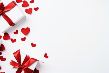 Pristine white gift boxes with red satin ribbons surrounded by an array of red paper hearts on a white background, creating a romantic Valentine's Day setting.