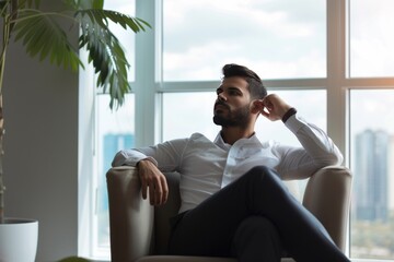 A man in a white shirt and black pants is sitting in a chair in front of a window. He is relaxed and comfortable - obrazy, fototapety, plakaty