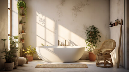 A bathroom with a white bathtub and a wicker chair. The room is filled with plants and has a natural, calming atmosphere