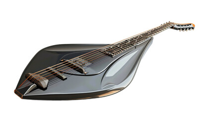 A sleek black and silver guitar rests gracefully on a wooden table