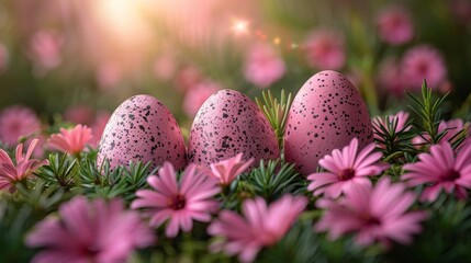 Fototapeta na wymiar Three pink eggs on a lush green field with many pink daisies