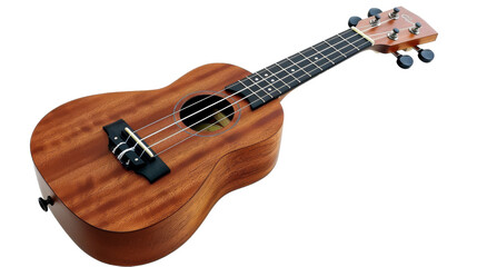 A ukulele with a wooden body and black strings, sitting elegantly on a wooden surface
