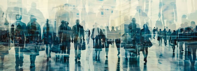 A large group of people walking in the shopping mall double exposure photography Generative AI