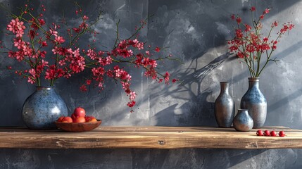  Wooden table with vases, fruit, & bowl