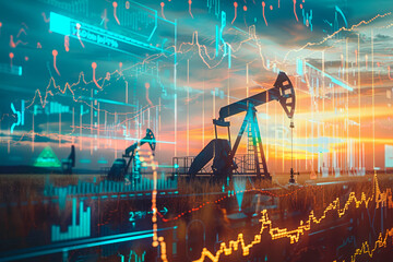 Fototapeta na wymiar Rise in gasoline prices concept with double exposure of digital screen with growing financial chart candlestick and oil pumps on a field.