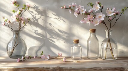  A table with flower-filled vases and a cast shadow on the wall behind it