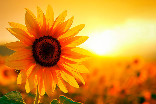 Close-up of sunflower over sunset sky.