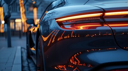 A closeup of an electric vehicles sleek design, with the charging port illuminated by ambient light, ready for a night drive