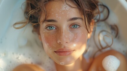 happy young woman taking a bath with foam relax mood. blue eyes, long eyelashes, and smiling mouth show contentment
