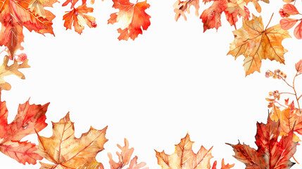 A watercolor painting featuring a collection of vibrant autumn leaves in shades of red, orange, and yellow, set against a clean white background. The leaves are delicately detailed. Banner. Copy space