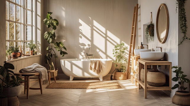 A bathroom with a white bathtub, a mirror, and a wooden counter. The bathroom is decorated with plants and has a natural, calming atmosphere
