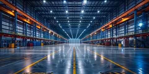 Efficiently managed warehouse with optimized space for effective supply chain management. Concept Warehouse Organization, Inventory Management, Supply Chain Optimization, Space Utilization - obrazy, fototapety, plakaty