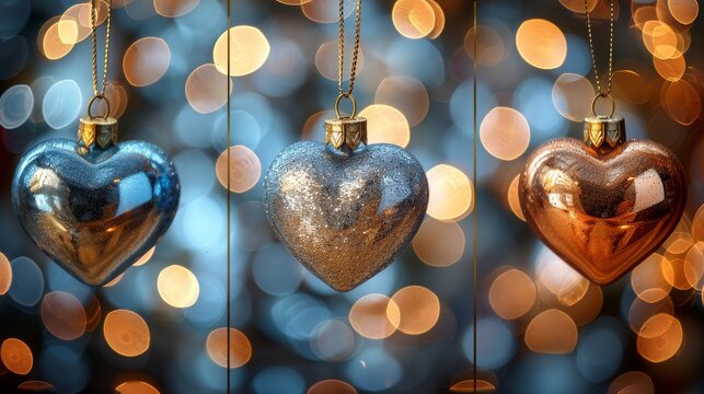  Three heart-shaped ornaments dangle from chains against a blue and gold backdrop, with a soft haze of light in the background