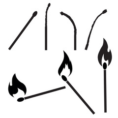 Burning matches for ignition. Vector black and white illustration. A set of matches with fire with different stages of combustion. Flame.