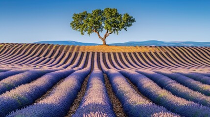 A tree stands tall amid a sea of lavender flowers in a natural landscape