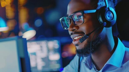 Portrait of young african-american man in headphones working in a call center - obrazy, fototapety, plakaty