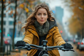 Fototapeta na wymiar Urban woman confidently rides electric bike in modern city following safety tips. Concept Urban Commuting, Electric Bikes, Safety Tips, City Lifestyle, Confidence