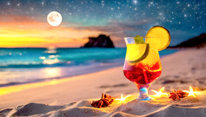 Cocktail am Strand mit Meer im Hintergrund im Abendlicht 