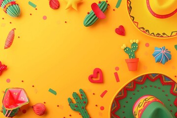 yellow background with Mexican elements decoration, Mexican background, Mexican decoration background, Mexican elements, Mexican festival, Mexican traditional background