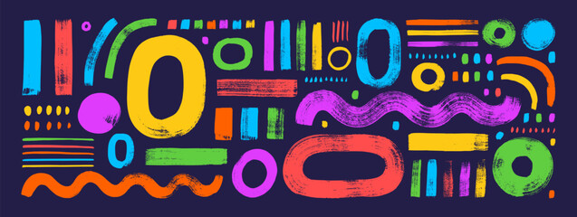 Collection of colorful various hand drawn geometric shapes in Memphis style. Abstract childish geometric figures.