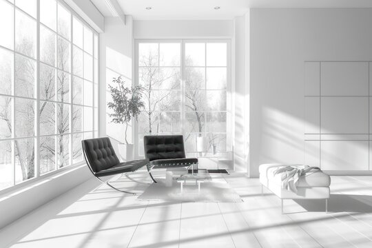 A white room with a black chair and a black couch. The room is very clean and has a minimalist design