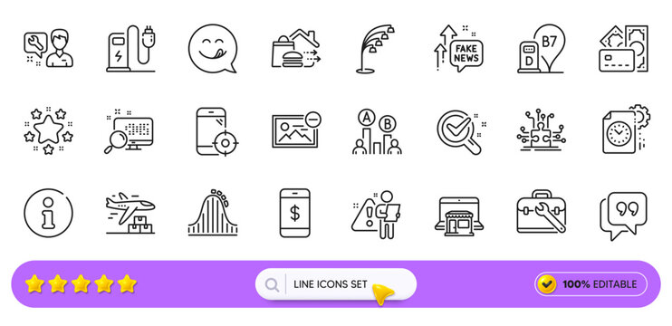 Project deadline, Roller coaster and Seo phone line icons for web app. Pack of Smartphone payment, Diesel station, Money pictogram icons. Chemistry lab, Food delivery, Ab testing signs. Vector