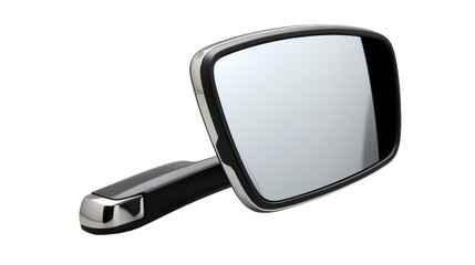 Close up of a car mirror on a white background, showcasing intricate details and reflections