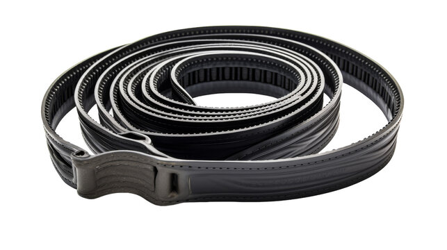 A black belt with a gleaming metal buckle sits coiled on a wooden table