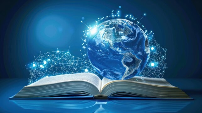 Futuristic open book education and globe map on blue background. AI generated image