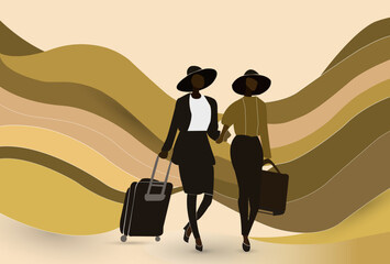 Two African women, travelling together with suitcases, minimalist illustration isolated on curved lines background. Pastel rose, beige and brown colors.