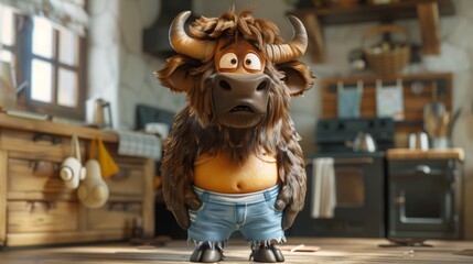 Cartoon character of a bull in clothes. 3d illustration