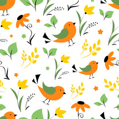 Seamless pattern with birds on a white background