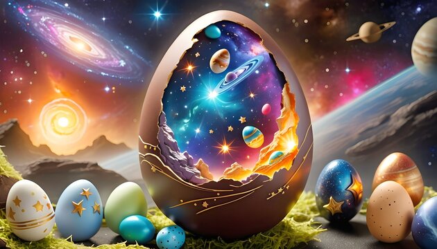 Fantasy cosmic Easter eggs with celestial motifs on a dreamy space background with stars and planets.