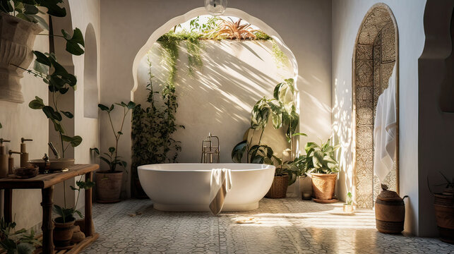 A white bathtub is surrounded by potted plants and a bench. The bathroom has a modern and relaxing atmosphere