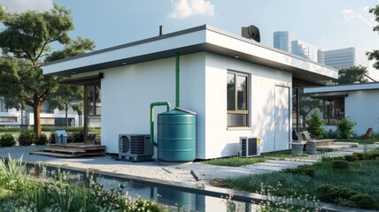 Rainwater collection system, through a pond connected to the gutter on the roof of a house, for sustainable use of water in gardening. Environmental concepts and solutions to the water crisis.