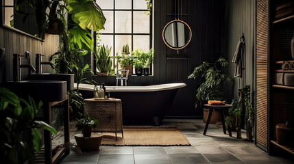 A bathroom with a large bathtub and a mirror. The bathroom is decorated with plants and has a natural, earthy feel - obrazy, fototapety, plakaty