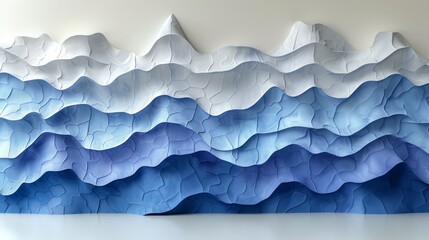  A painting depicts a mountain range surrounded by blue and white waves, against a backdrop of a white wall