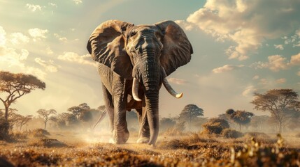 Big elephant animal on savanna at sunset nature background. AI generated image - obrazy, fototapety, plakaty