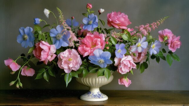 a painting of pink, blue and white flowers in a white vase on a wooden table in front of a gray wall.