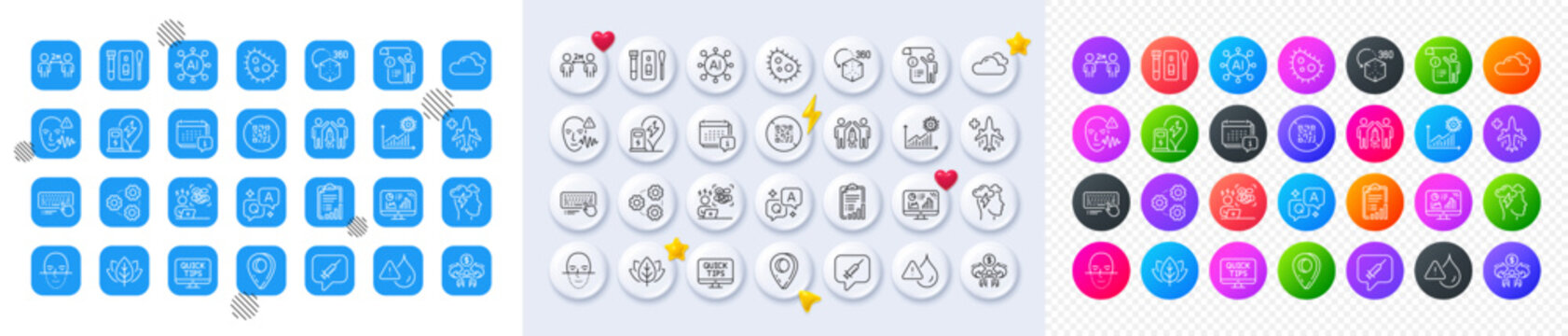 Waterproof, Gears and Cloudy weather line icons. Square, Gradient, Pin 3d buttons. AI, QA and map pin icons. Pack of Partnership, Analytics graph, Organic tested icon. Vector